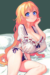 Rule 34 | 1girl, absurdres, bed sheet, blonde hair, blue eyes, bow, breasts, cleavage, closed mouth, collarbone, fingernails, hand up, highres, huge breasts, long hair, looking at viewer, multicolored eyes, original, panties, purple eyes, purple panties, red bow, shirt, shirt bow, short sleeves, side-tie panties, smile, solo, thighs, tsukiyono aroe, underwear, very long hair, white shirt