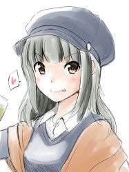 Rule 34 | 1girl, beret, black hat, black sweater, brown eyes, commentary request, grey hair, hair down, hat, heart, highres, kantai collection, looking at viewer, orange shawl, shawl, simple background, smile, solo, spoken heart, sweater, tongue, tongue out, upper body, white background, yano toshinori, yuubari (kancolle)