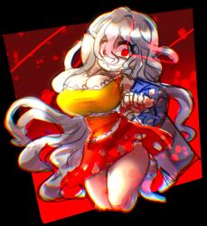 Rule 34 | 1girl, blood, breasts, cleavage, crazy eyes, emerald kitty, highres, huge breasts, large breasts, looking at viewer, open mouth, red eyes, sakata nemuno, solo, thick thighs, thighs, touhou, white hair
