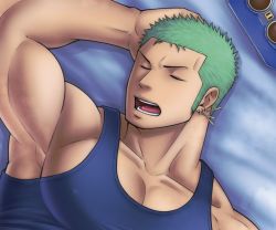 Rule 34 | 1boy, arm behind head, armpits, bara, blue tank top, covered navel, cropped, green hair, large pectorals, long sideburns, lying, male focus, muscular, muscular male, official alternate costume, on back, one piece, pectoral cleavage, pectorals, porkjinta, roronoa zoro, short hair, sideburns, sidepec, sleeping, solo, tank top, upper body