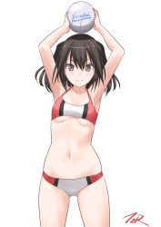Rule 34 | 1girl, arms up, ball, bikini, black hair, breasts, brown eyes, character name, collarbone, commentary request, cowboy shot, gluteal fold, highres, kantai collection, looking at viewer, navel, sendai (kancolle), simple background, small breasts, smile, solo, split mouth, swimsuit, t2r, two-tone bikini, two side up, white background
