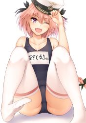 Rule 34 | 1boy, ;d, absurdres, adjusting clothes, adjusting headwear, astolfo (fate), astolfo (femboy idol) (fate), bare arms, bare shoulders, black one-piece swimsuit, black ribbon, blush, braid, check commentary, collarbone, commentary request, fang, fate/apocrypha, fate (series), foreshortening, full body, hair ribbon, hand on headwear, hand up, hat, head tilt, highres, knees up, long hair, looking at viewer, male focus, multicolored hair, name tag, official alternate costume, one-piece swimsuit, one eye closed, open mouth, peaked cap, pink hair, purple eyes, ribbon, satoshi (guardianoracle), school swimsuit, single braid, sitting, smile, socks, solo, streaked hair, swimsuit, thighhighs, thighs, trap, tsurime, very long hair, white hair, white hat, white socks