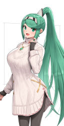 Rule 34 | 1girl, alternate costume, black pants, breasts, chest jewel, earrings, female focus, gem, gonzarez, green eyes, green hair, hair ornament, headpiece, highres, jewelry, large breasts, long hair, looking at viewer, matching hair/eyes, nintendo, open mouth, pants, pantyhose, pneuma (xenoblade), ponytail, smile, solo, standing, sweater, swept bangs, tiara, very long hair, xenoblade chronicles (series), xenoblade chronicles 2