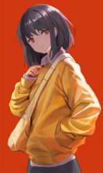 Rule 34 | 1girl, bag, breasts, brown hair, closed mouth, collared shirt, cowboy shot, hand in pocket, hand on own chest, long sleeves, looking at viewer, messenger bag, orange eyes, original, red background, shirt, short hair, shoulder bag, simple background, sl86, small breasts, solo, striped clothes, striped shirt, sweater