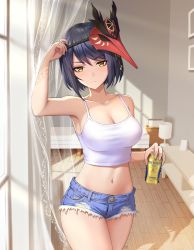 Rule 34 | 1girl, alternate costume, arm up, armpits, bare legs, beer can, bird mask, black hair, blue shorts, breasts, camisole, can, casual, cleavage, closed mouth, collarbone, commentary request, cowboy shot, curtains, cutoffs, day, denim, denim shorts, drink can, expressionless, genshin impact, highres, holding, holding can, indoors, kujou sara, large breasts, looking at viewer, mask, mask on head, navel, short hair, short shorts, shorts, sleeveless, solo, sony kisaragi, stomach, sunlight, thighs, wooden floor, yellow eyes