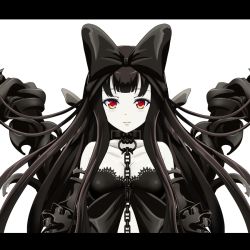Rule 34 | 1girl, abyssal ship, arm garter, bare shoulders, black bow, black dress, black hair, black ribbon, bow, breasts, chain, cleavage, collar, collarbone, colored skin, commentary request, detached sleeves, dress, expressionless, frilled dress, frills, hair bow, hair ribbon, kantai collection, letterboxed, long hair, looking at viewer, machinery, off shoulder, orange eyes, puffy sleeves, ribbon, seaplane tender princess, simple background, solo, symmetry, tk8d32, upper body, white background, white skin