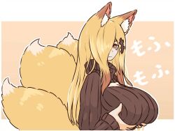 Rule 34 | 1girl, animal ears, blonde hair, border, breast lift, breasts, bright pupils, brown background, brown sweater, cleavage cutout, closed mouth, clothing cutout, fox ears, fox girl, from side, hair ornament, hair over one eye, highres, kitsune, large breasts, long hair, long sleeves, looking at viewer, meme attire, open-chest sweater, original, red eyes, ribbed sweater, smile, solo, sweater, tazaigo, turtleneck, turtleneck sweater, upper body, white border