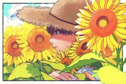 Rule 34 | 1boy, 510 gotoudayo, bad id, bad pixiv id, blue eyes, brown hair, brown hat, flower, hat, leaf, male focus, original, parted lips, plant, portrait, profile, shadow, shirt, solo, straw hat, sunflower, white shirt, yellow flower