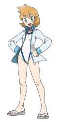 Rule 34 | 00s, 1girl, absurdres, creatures (company), feet, full body, game freak, green eyes, gym leader, hair between eyes, hands on own hips, highres, jacket, long sleeves, misty (pokemon), nintendo, official art, one-piece swimsuit, open mouth, orange hair, pokemon, pokemon hgss, red hair, sandals, short hair, solo, sugimori ken, swimsuit, swimsuit under clothes, transparent background, white one-piece swimsuit