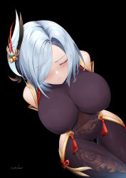 Rule 34 | 1girl, absurdres, arms behind back, bare shoulders, black background, black bodysuit, blue hair, blush, bodysuit, breasts, brown bodysuit, closed eyes, closed mouth, clothing cutout, covered erect nipples, covered navel, cowboy shot, crossed legs, curvy, eyebrows hidden by hair, forehead, foruse, from above, frown, genshin impact, gluteal fold, gold trim, hair ornament, hair over one eye, highres, hip vent, impossible bodysuit, impossible clothes, large breasts, parted bangs, parted hair, shenhe (genshin impact), shoulder cutout, side cutout, signature, simple background, skin tight, solo, swept bangs, tassel, thigh gap, thighs