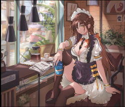 Rule 34 | 1girl, 2022, absurdres, apron, between breasts, bow, braid, breasts, brown thighhighs, chair, cleavage, coffee maker, coffee pot, commentary request, cup, disposable cup, dot nose, dress, earrings, electrical outlet, forehead, frilled apron, frilled dress, frills, garter straps, glasses, hair ribbon, high heels, highres, holding, indoors, jewelry, knee up, large breasts, looking at viewer, maid, maid headdress, motor vehicle, necktie, necktie between breasts, newspaper, open clothes, open mouth, open shirt, original, photo (object), plant, postbox (outgoing mail), potted plant, puffy short sleeves, puffy sleeves, ribbon, road, short sleeves, sitting, slit pupils, solo, street, teacup, thighhighs, thighs, tress ribbon, white dress, window, wrist cuffs, wuhumihu, yellow bow, yellow eyes