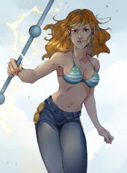 Rule 34 | 1girl, absurdres, bikini, bikini top only, blue pants, closed mouth, collarbone, denim, earrings, highres, holding, holding polearm, holding weapon, jeans, jewelry, log pose, long hair, mishailla, nami (one piece), navel, one piece, orange hair, pants, pearl earrings, polearm, solo, standing, swimsuit, weapon