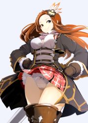 Rule 34 | 10s, 1girl, blue eyes, boots, bow, bow panties, breasts, brown gloves, carren (granblue fantasy), cowboy shot, gloves, granblue fantasy, hair ornament, hands on own hips, karen (granblue fantasy), light brown hair, long hair, momo (higanbana and girl), panties, plaid, plaid skirt, simple background, skirt, smile, solo, sword, thigh boots, thighhighs, underwear, weapon, white panties, wind, wind lift