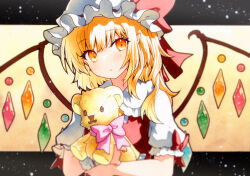 Rule 34 | 1girl, bad id, bad twitter id, blonde hair, crystal, flandre scarlet, hat, hat ribbon, highres, letterboxed, looking at viewer, mob cap, parted lips, pointy ears, qqqrinkappp, red ribbon, ribbon, short sleeves, solo, stuffed animal, stuffed toy, teddy bear, touhou, traditional media, upper body, white hat, wings, yellow background, yellow eyes