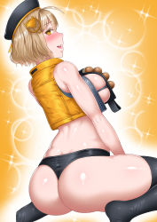 Rule 34 | 1girl, absurdres, anis (nikke), artist request, ass, bare shoulders, blonde hair, blush, breasts, come hither, dimples of venus, from behind, goddess of victory: nikke, hat, highres, large breasts, looking at viewer, naughty face, open mouth, shiny clothes, shiny skin, short hair, sideboob, sitting, smile, solo, thick thighs, thighhighs, thighs, thong, wariza, yellow eyes