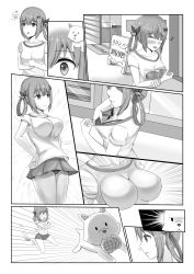 Rule 34 | &gt;:), &gt;:3, 10s, 1girl, :3, absurdres, bat hair ornament, bra, bread, breast padding, breasts, comic, covering privates, covering breasts, dog (gabriel dropout), food, gabriel dropout, greyscale, hair ornament, hand on own hip, highres, idea, light bulb, melon bread, mizuha (zxass0612), monochrome, musical note, nervous, palm-fist tap, panties, pantyshot, pleated skirt, reaching, reaching towards viewer, satanichia kurumizawa mcdowell, shirt, silent comic, skirt, smile, standing, theft, torn clothes, torn shirt, underwear, v-shaped eyebrows