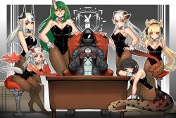 Rule 34 | 1other, 6+girls, alternate costume, arknights, bar stool, black hair, blemishine (arknights), blonde hair, breasts, chair, cleavage, desk, detached collar, doctor (arknights), dragon tail, eunectes (arknights), green hair, hand on own hip, highres, hood, hooded coat, horns, hoshiguma (arknights), large breasts, leotard, long hair, mudrock (arknights), multiple girls, najashi, nian (arknights), pantyhose, playboy bunny, pointy ears, ponytail, saria (arknights), single horn, smile, snake tail, stool, tail, white hair, wrist cuffs