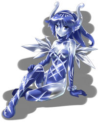 Rule 34 | 1girl, arm support, bare shoulders, blue eyes, blue gloves, blue hair, blue skin, blue thighhighs, colored skin, elbow gloves, full body, glass, gloves, hairband, horns, katahira masashi, leotard, matching hair/eyes, original, personification, pointy ears, simple background, sitting, smile, solo, thighhighs, white background, wings