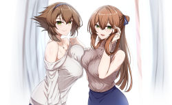 Rule 34 | 2girls, adjusting hair, asymmetrical docking, blush, breast press, breasts, brown hair, casual, cleavage, collarbone, commission, crossover, girls&#039; frontline, green eyes, headband, heart lock (kantai collection), highres, jewelry, kantai collection, large breasts, long hair, long sleeves, looking at viewer, multiple girls, mutsu (kancolle), necklace, off shoulder, open mouth, purple skirt, ring, short hair, short sleeves, skeb commission, skirt, smile, springfield (girls&#039; frontline), sweater, sweater vest, upper body, utsumi karmin, wedding band