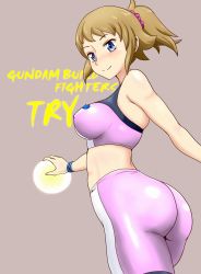 Rule 34 | 10s, 1girl, abs, ass, bare shoulders, bike shorts, blue eyes, breasts, brown hair, covered erect nipples, gundam, gundam build fighters, gundam build fighters try, highres, hoshino fumina, jacket, medium breasts, midriff, off shoulder, ponytail, shiny skin, skin tight, smile, solo, sports bra, thighs, tight clothes, tof, two-tone sports bra