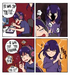 Rule 34 | 1boy, 1girl, 4koma, absurdres, artist name, chair, closed eyes, closed mouth, comic, fang, genshin impact, hand on another&#039;s shoulder, headphones, highres, keyboard (computer), mole, mole under eye, monitor, mother and son, mouse (computer), purple eyes, purple hair, raiden shogun, scaramouche (genshin impact), shaded face, shirt, skin fang, smile, sparkle, sweat, nervous sweating, t-shirt, wokiiarts