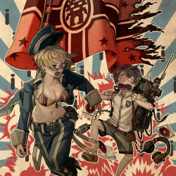 Rule 34 | 1boy, 1girl, album cover, belt, bikini, blonde hair, breasts, brown hair, brown shorts, cleavage, collared shirt, copyright request, cover, crying, feet out of frame, flag, glasses, hat, headphones, highres, holding, holding flag, jacket, long hair, medium breasts, microphone, navel, nc empire (circle), open clothes, open jacket, open mouth, outline, pants, red footwear, running, semi-rimless eyewear, shirt, short hair, short sleeves, shorts, star (symbol), striped clothes, striped pants, swimsuit, under-rim eyewear, white outline, white sleeves
