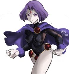 Rule 34 | 1girl, breasts, cape, cartoon network, cowboy shot, dated, dc comics, highres, large breasts, long sleeves, open mouth, purple cape, purple eyes, purple hair, rakeemspoon, raven (dc), short hair, signature, simple background, solo, teen titans, white background