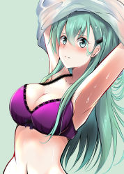 Rule 34 | 10s, 1girl, amagami (makise tsubaki), aqua eyes, aqua hair, armpits, arms up, blush, bra, breasts, cleavage, hair ornament, hairclip, highres, kantai collection, large breasts, long hair, looking at viewer, purple bra, solo, suzuya (kancolle), sweat, sweatdrop, underwear, undressing, wet, wet clothes