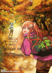 Rule 34 | amiami (company), amico, autumn, backpack, bag, black ribbon, blue hair, blue jacket, brown shorts, day, green eyes, hair between eyes, hair ornament, highres, jacket, leaning forward, lilco, long hair, looking at viewer, looking back, official art, one side up, open mouth, outdoors, pantyhose, pink jacket, ribbon, shorts, skirt, stairs, standing, thighhighs, tree, twintails, yumekui
