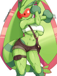 Rule 34 | 1girl, abs, animal nose, artist name, bag, bare shoulders, black eyes, breasts, brown shorts, colored sclera, colored skin, creatures (company), crop top, female focus, flygon, furry, furry female, fusion, game freak, gen 3 pokemon, gen 4 pokemon, green skin, grin, happy, highres, hyunh211 (vontornado), large breasts, lizard tail, looking at viewer, lopunny, micro shorts, navel, nintendo, one eye closed, pokemon, pokemon (creature), pouch, rabbit ears, rabbit girl, red sclera, reptile girl, shiny skin, shirt, shorts, shoulder bag, simple background, sleeveless, sleeveless shirt, smile, solo, stomach, stretching, tail, teeth, thigh pouch, thigh strap, thighs, toned, twitter username, underboob, watermark, white background, white shirt, wink