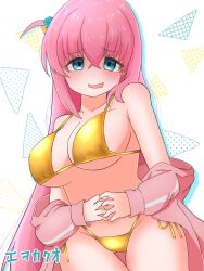 Rule 34 | 1girl, bikini, blue eyes, bocchi the rock!, breasts, commentary request, cowboy shot, cube hair ornament, embarrassed, ewo kakuo, gold bikini, gotoh hitori, hair between eyes, hair ornament, highres, jacket, large breasts, long hair, looking at viewer, one side up, pink hair, pink jacket, side-tie bikini bottom, solo, swimsuit