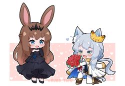 Rule 34 | 2girls, :d, alternate costume, amiya (arknights), animal ear fluff, animal ears, arknights, black dress, black footwear, black gloves, black vest, blue eyes, blue flower, blush, boots, bouquet, bow, bowtie, breasts, brown footwear, brown hair, cat ears, cat girl, cat tail, cleavage, colored eyelashes, crown, dress, elbow gloves, epaulettes, fang, flower, gloves, green eyes, grey hair, hair down, headpiece, heart, holding, holding bouquet, jacket, jacket on shoulders, kurotofu, long hair, low ponytail, multiple girls, on one knee, open mouth, pants, pink background, ponytail, rabbit ears, red flower, red rose, rose, rosmontis (arknights), sheath, sheathed, shirt, shoes, small breasts, smile, strapless, strapless dress, sword, tail, tilted headwear, twitter username, two-tone background, very long hair, vest, weapon, white background, white bow, white bowtie, white jacket, white pants, white shirt