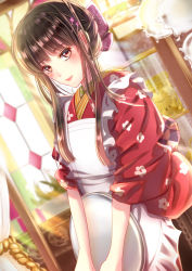 Rule 34 | 1girl, absurdres, apron, black hair, blurry, blurry background, blush, bow, brown eyes, brown hair, dutch angle, hair bow, hair ornament, hairclip, highres, holding, holding tray, indoors, izumi (stardustalone), japanese clothes, kimono, long hair, mole, mole under mouth, original, red kimono, restaurant, sidelocks, smile, solo, tray, window
