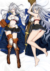 Rule 34 | 1girl, ahoge, armor, barefoot, bed sheet, belt, blue cloak, blue jacket, boots, braid, breasts, cleavage, cloak, commentary request, covered erect nipples, crop top, dakimakura (medium), fenrir (fenlil0316), granblue fantasy, gun, hair between eyes, highres, holding, holding weapon, jacket, large breasts, legs, long hair, lying, midriff, miniskirt, multiple views, navel, on back, on side, pink lips, pouch, rifle, sideboob, silva (granblue fantasy), silver hair, skirt, thigh boots, thighhighs, thighs, twin braids, very long hair, wavy hair, weapon, yellow eyes