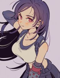 Rule 34 | 1girl, bare shoulders, black hair, blush, breasts, bright pupils, detached sleeves, eyelashes, final fantasy, final fantasy vii, grey background, hand up, highres, long hair, looking at viewer, medium breasts, oharu-chan, parted lips, red eyes, shirt, skirt, smile, solo, tank top, tifa lockhart, white pupils, white shirt