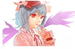 Rule 34 | 1girl, bad id, bad pixiv id, blood, blue hair, bow, female focus, finger to mouth, frills, hat, nail polish, pink nails, red eyes, remilia scarlet, ribbon, short hair, solo, tomono rui, touhou, wings, wrist cuffs