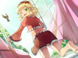 Rule 34 | 10s, 1girl, ;d, animal, bare legs, barefoot, bird, blonde hair, blue sky, blush, bow, curtains, day, dress, dutch angle, frilled dress, frilled sleeves, frills, from behind, green eyes, hair bow, hairband, highres, idolmaster, idolmaster cinderella girls, indoors, juliet sleeves, kneeling, kneepits, long sleeves, looking at viewer, one eye closed, open mouth, open window, plant, puffy sleeves, red bow, red dress, sakurai momoka, seneto, short hair, sky, smile, solo, sunlight, toes, transparent, tree, wide sleeves, window, windowsill