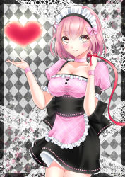 Rule 34 | 1girl, apron, blush, breasts, brown eyes, cleavage, dress, eyebrows, frills, hair ribbon, heart, highres, large breasts, looking at viewer, maid, maid apron, maid headdress, original, outstretched hand, pink hair, pinky out, puffy short sleeves, puffy sleeves, red ribbon, red theme, ribbon, sash, short hair, short sleeves, skirt, smile, solo, takaaya kazuka