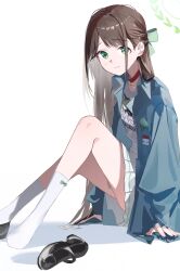 Rule 34 | 1girl, absurdres, airi (band) (blue archive), airi (blue archive), black footwear, blue archive, blue jacket, brown hair, choker, closed mouth, collared jacket, commentary request, green eyes, green halo, halo, highres, jacket, knee up, long hair, long sleeves, looking at viewer, official alternate costume, open clothes, open jacket, pleated skirt, red choker, shirt, shoes, shuxiuxiao, simple background, sitting, skirt, smile, socks, solo, unworn shoes, white background, white shirt, white skirt, white socks