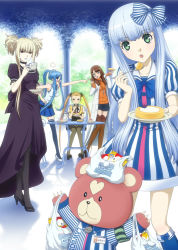 Rule 34 | 10s, 6+girls, :d, :o, aoki hagane no arpeggio, bag, bag on head, black legwear, blonde hair, blue eyes, blue hair, blue legwear, blush, bow, brown legwear, chair, choker, column, cup, dress, eating, employee uniform, food, green eyes, hair bow, hair rings, haruna (aoki hagane no arpeggio), high heels, hyuuga (aoki hagane no arpeggio), iona (aoki hagane no arpeggio), jewelry, kirishima (aoki hagane no arpeggio), kongou (aoki hagane no arpeggio), lab coat, lawson, long dress, long hair, looking at viewer, miniskirt, monocle, multiple girls, name tag, necklace, open mouth, pantyhose, pillar, plate, pointing, ponytail, puffy short sleeves, puffy sleeves, purple dress, red eyes, ribbed sweater, scrunchie, short hair with long locks, short sleeves, short twintails, sidelocks, sitting, skirt, smile, spoon, striped bow, striped clothes, striped dress, sweater, table, takao (aoki hagane no arpeggio), teacup, thighhighs, twintails, uniform, vertical-striped clothes, vertical-striped dress, very long hair, yotarou (aoki hagane no arpeggio)