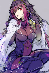 Rule 34 | 1girl, bodysuit, breasts, covered navel, fate/grand order, fate (series), long hair, looking at viewer, nishi juuji, purple background, purple bodysuit, purple hair, red eyes, scathach (fate), scathach (fate), simple background, sitting, slit pupils, solo, veil