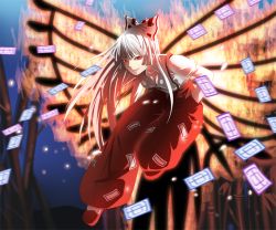 Rule 34 | 1girl, bamboo, bamboo forest, breasts, cleavage, downblouse, female focus, fiery wings, forest, fujiwara no mokou, hair ribbon, hands in pockets, leaning forward, long hair, nature, night, ofuda, pants, pikoring, red eyes, ribbon, shirt, silver hair, smirk, solo, suspenders, touhou, wings