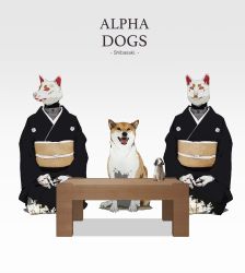 Rule 34 | android, animal, animal head, black kimono, catlesstail, dog, highres, japanese clothes, kimono, looking at viewer, no humans, obi, original, sash, science fiction, seiza, shiba inu, simple background, sitting, table, white background