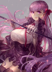 Rule 34 | 10s, 1girl, bb (fate), bb (fate/extra), black thighhighs, fate/extra, fate/extra ccc, fate (series), gloves, hair ribbon, highres, holding, holding wand, lace, lace-trimmed legwear, lace trim, lingerie, long hair, purple eyes, purple hair, ribbon, signo aaa, smile, solo, thighhighs, underwear, very long hair, wand