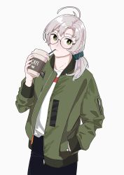 Rule 34 | 1girl, ahoge, alternate hairstyle, antenna hair, bad id, bad twitter id, bespectacled, black pants, drinking straw, glasses, green eyes, green jacket, grey background, grey hair, hair ornament, hair over shoulder, hair scrunchie, hair tie, hand in pocket, highres, jacket, kantai collection, kinugasa (kancolle), looking at viewer, ojipon, pants, scrunchie, simple background, drinking, solo, standing, tumbler