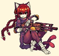 Rule 34 | 1girl, alternate costume, bandages, braid, cat tail, extra ears, fingerless gloves, gloves, gun, hashtag-only commentary, highres, holding, holding gun, holding weapon, kaenbyou rin, knee pads, looking at viewer, multiple tails, nekomata, rampa93, red eyes, red hair, short sleeves, side braids, simple background, solo, tail, touhou, twin braids, two tails, weapon, yellow background