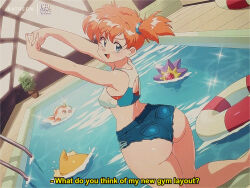 Rule 34 | 1980s (style), 1girl, artist name, ass, bare arms, bare shoulders, blue eyes, blue shorts, bluethebone, breasts, commentary, creatures (company), crop top, denim, denim shorts, dutch angle, english commentary, english text, from behind, game freak, gen 1 pokemon, goldeen, highres, indoors, innertube, interlocked fingers, kneeling, light blush, looking at viewer, looking back, misty (pokemon), nintendo, oldschool, open mouth, orange hair, paid reward available, plant, pokemon, pokemon (creature), pokemon lgpe, pool, potted plant, psyduck, rei no pool, retro artstyle, short ponytail, short shorts, shorts, small breasts, sparkle, starmie, stretching, subtitled, swim ring, water