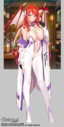 Rule 34 | 1girl, artist name, blue eyes, breasts, callen (evertale), copyright name, dragon girl, evertale, highres, lab coat, large breasts, long hair, looking at viewer, navel, no bra, official art, open clothes, pointy ears, popqn, red hair, solo