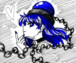 Rule 34 | 1girl, black choker, blue eyes, blue hair, blue nails, chain, choker, commentary request, earrings, from side, hand up, heart, hecatia lapislazuli, hecatia lapislazuli (earth), highres, jewelry, long hair, looking at viewer, nail polish, nokisakifuurin, profile, smile, solo, stud earrings, touhou, white background