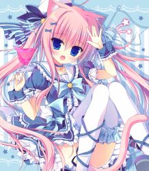 Rule 34 | 1girl, :d, ahoge, anchor symbol, animal ears, bad id, bad pixiv id, blue bow, blue dress, blue eyes, blue ribbon, blush, bow, cat ears, cat tail, choker, collarbone, dress, eyebrows, flag, frilled dress, frilled thighhighs, frills, hair between eyes, hair bow, hasune (hasuneya), hat, head tilt, holding, knees together feet apart, leg ribbon, long hair, mini flag, open mouth, original, pink hair, ribbon, sailor dress, sailor hat, shoes, silhouette, sitting, smile, solo, star (symbol), striped, striped background, tail, tail ornament, tail ribbon, thighhighs, twintails, vertical stripes, very long hair, white thighhighs, wrist cuffs